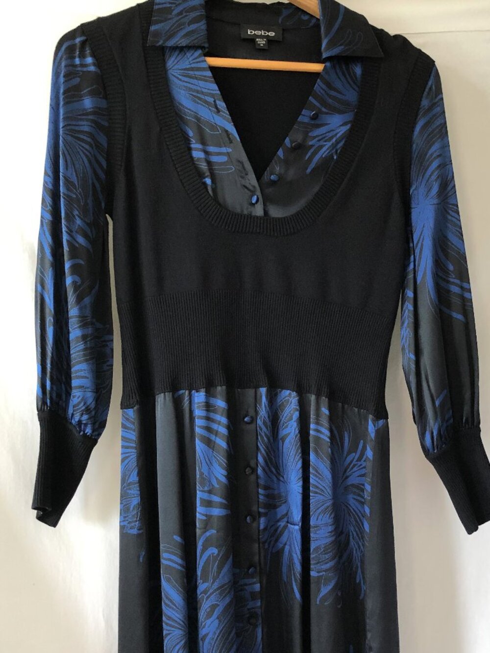 Bebe Floral Electric Blue And Black Silk Dress